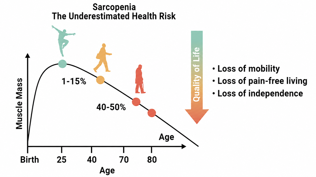 Sarcopenia, the underestimated health risk: muscle mass peaks around 25 and declines 1–15% early and 40–50% later, leading to loss of mobility, pain-free living and independence